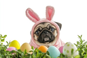 Wall Mural - A pug dog dressed as an Easter bunny surrounded by Easter eggs, perfect for holiday-themed illustrations