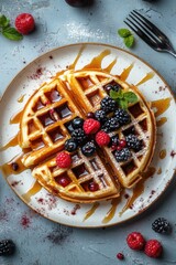 Poster - A waffle topped with fresh berries and drizzled with syrup, perfect for breakfast or brunch