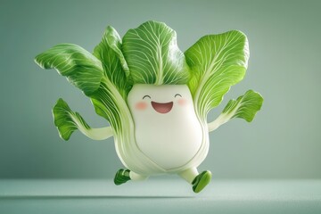 Poster - A fresh white vegetable with green leaves and a smiling face, great for food or decoration