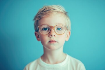 Wall Mural - A young boy wearing glasses and a white shirt, suitable for use in illustrations, school or family photos