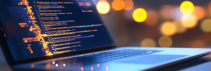 A close-up shot of a laptop screen displaying code with a blurred background of city lights at night, symbolizing hard work, dedication, technology, innovation, and progress.