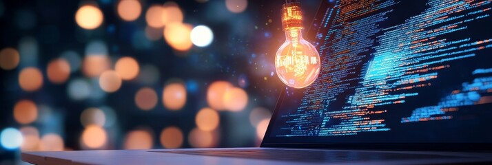 A laptop screen displaying code, with a glowing lightbulb symbolizing inspiration and creativity in programming, web development, software engineering, and technology.