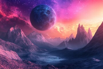 Wall Mural - a breathtaking view of a mountain range with a distant planet, perfect for astronomy or sci-fi theme
