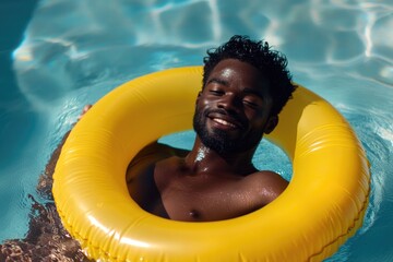 Sticker - A person relaxing in a swimming pool using an inflatable ring for support