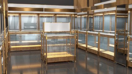 Sticker - Jewelry store interior mockup with glass wood gold display cabinets and showcases. 3d illustration