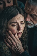 Canvas Print - A woman gently places her hand on the face of an older man, possibly showing empathy and care