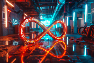 Canvas Print - A neon sign of an infinity symbol is lit up in a dark room