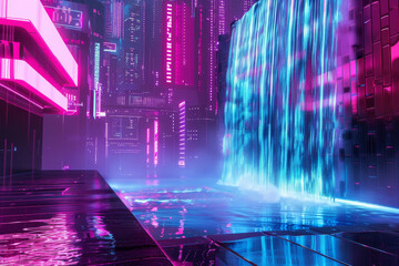 Canvas Print - A cityscape with a neon waterfall in the foreground