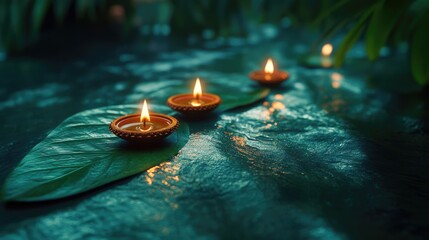 Wall Mural - Three candles sit on top of a leaf, providing warm light in nature