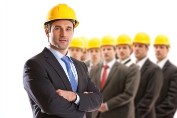 Poster - A construction worker stands among colleagues on a building site