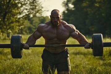 Poster - A person exercising outdoors with a barbell, possibly a strength training or fitness scene