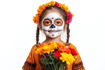 Canvas Print - A young girl dressed as a calavera, holding colorful flowers