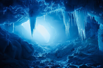 A blue cave with icicles hanging from the ceiling