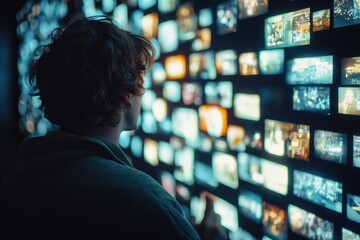 Wall Mural - a person standing in front of a wall filled with tvs, suitable for use in media and entertainment-re