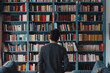 © Formoney - A man is standing in front of a large blue bookcase filled with books