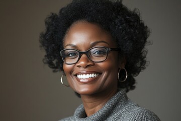 Poster - A woman wearing glasses and a gray sweater, looking casual