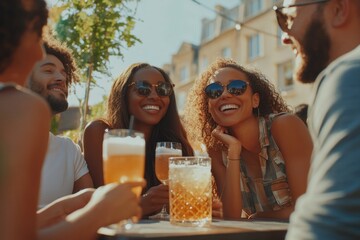 Poster - People socializing at a table with beverages