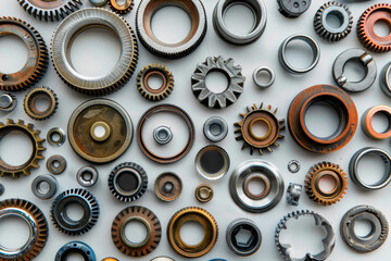 Wall Mural - A collection of old gears and nuts are scattered across a white background