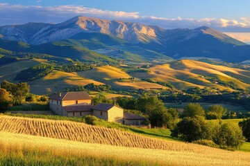 Poster - Rural landscape with a house and mountains in the distance