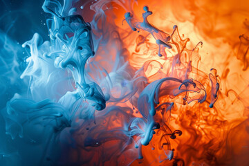 Poster - The image is a colorful abstract painting of smoke and fire, with blue