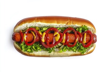 Canvas Print - A classic hot dog topped with ketchup, mustard, and tomatoes