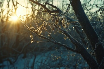 Sticker - Frozen tree limbs lit up by sunlight, great for winter scenes or nature photography