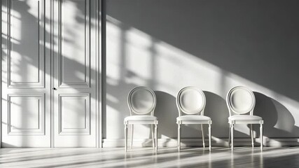 Wall Mural - three white chairs sit in a room bathed in sunlight, casting long shadows on the floor