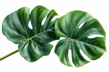 Wall Mural - A bright green philodendron leaf with a smooth surface and prominent midrib, isolated on white background 