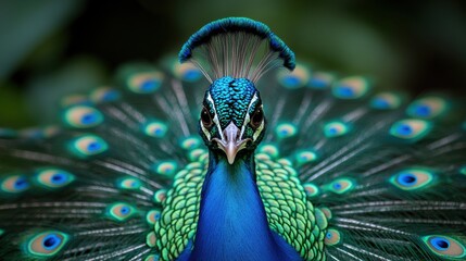 Close-up of vibrant blue peacock showing intricate feather patterns, majestic bird, detailed face portrait, bright colors, wildlife beauty, nature close-up, exotic bird