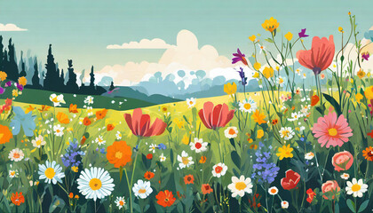 A colorful flower meadow in springtime, featuring various blossoms against a backdrop of green hills and a clear sky