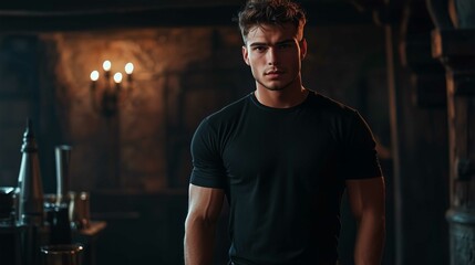 A mockup of a man in a black T-shirt in gothic look
