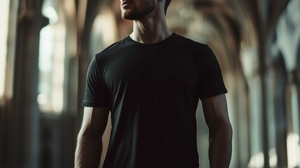 A mockup of a man in a black T-shirt in gothic look
