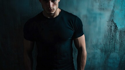 A mockup of a man in a black T-shirt in gothic look
