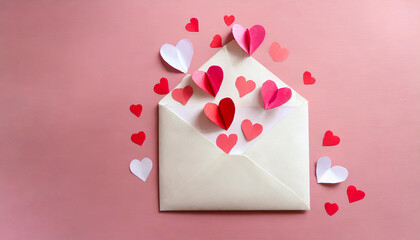 Colorful paper hearts scattered around an open envelope on a pink background for a romantic occasion or Valentine's Day celebration