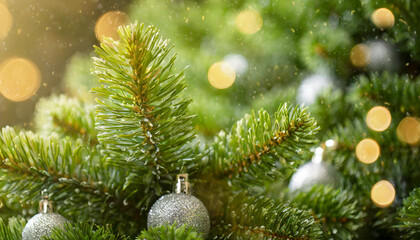 Wall Mural - Decorated Christmas tree branch adorned with silver ornaments and glowing lights in a cozy setting during the holiday season