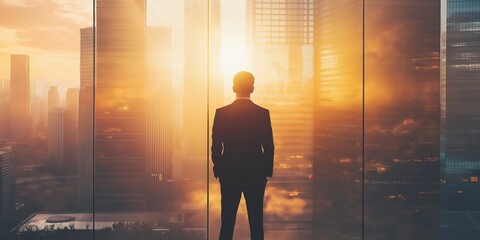 A suited man stands before a city skyline at dusk, symbolizing aspirations and reflections on urban achievements.