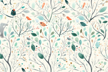 seamless pattern with birds and autumn trees in pale green and orange pastel hues