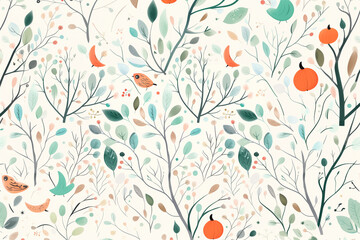 seamless pattern with birds and autumn trees in pale green and orange pastel hues