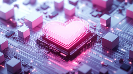 A glowing heart shape embedded in a circuit board design symbolizes the fusion of technology and love in a modern digital landscape