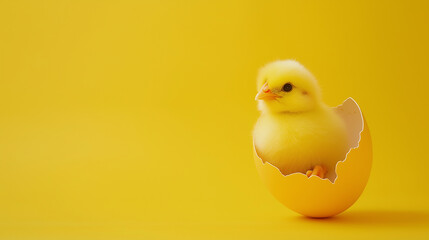 Yellow chick emerging from a cracked eggshell on a bright yellow background, symbolizing birth, new life, and spring.