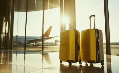 Two suitcases standing by an airport window with a large airplane in the background, conveying travel and anticipation.