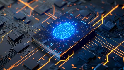 Wall Mural - a computer chip with a blue glowing brain on top. ai.