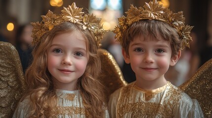 Kids dressed as angels and shepherds during a Christmas play, symbolizing the joy of holiday performances and nativity scenes