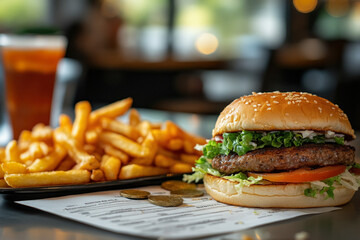 Canvas Print - A Close-Up Of A Cash Register Displaying A Receipt After A Fast Food Purchase, With Crumpled Bills And Coins Scattered Around, Alongside A Half-Eaten Burger And Fries