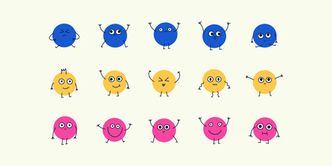 Cartoon faces with emotions, doodle characters in retro groovy funky style. Stickers set of hand drawn round vector faces 