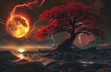 Wall Mural - a lone tree stands tall against a fiery sky with a large moon and lightning strikes. ai.