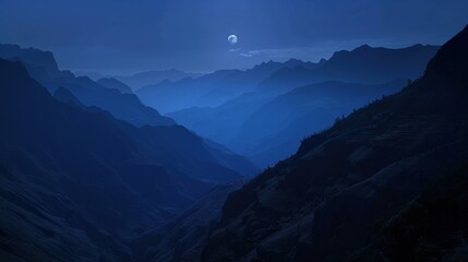 A moonlit view of a mountain range. AI.