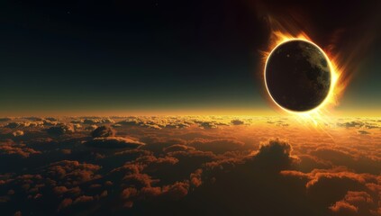 Wall Mural - a fiery ring of light surrounds a planet as it passes in front of the sun. ai.