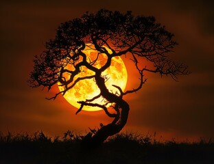 Wall Mural - A lone tree stands silhouetted against a vibrant orange moon. AI.