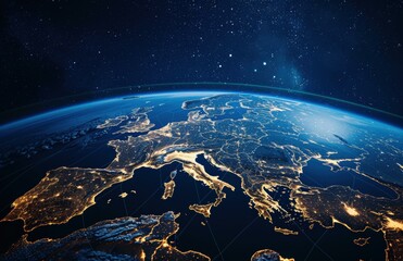 Wall Mural - earth at night, showing city lights and constellations. ai.